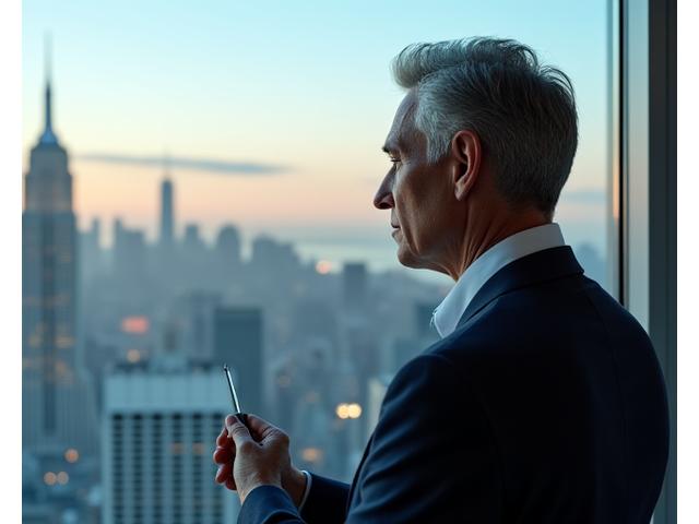 Executive holding a pen, contemplating strategic leadership decisions in a modern office with city skyline