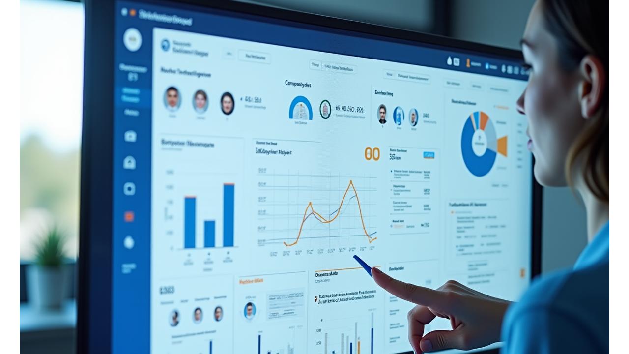 Modern HR technology dashboard showing data visualizations and interconnected systems