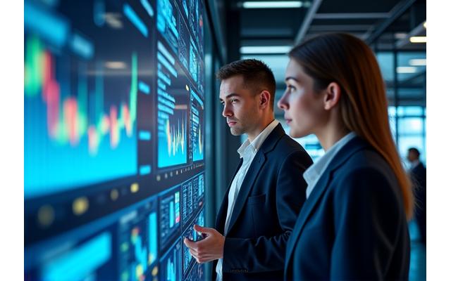 Diverse financial professionals collaborating around a large data display screen.